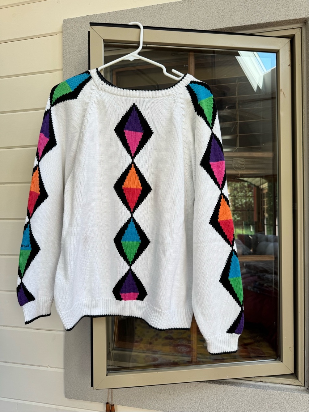 Head White Crewneck Sweater with Bright Geometric Diamonds